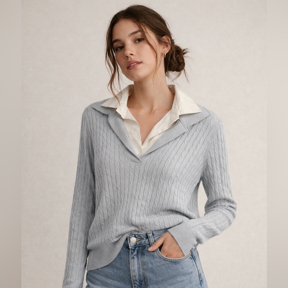 Lauren Ralph LaurenCashmere Silk Polo Cable Knit Sweater Baby Blue Ivory Sz L